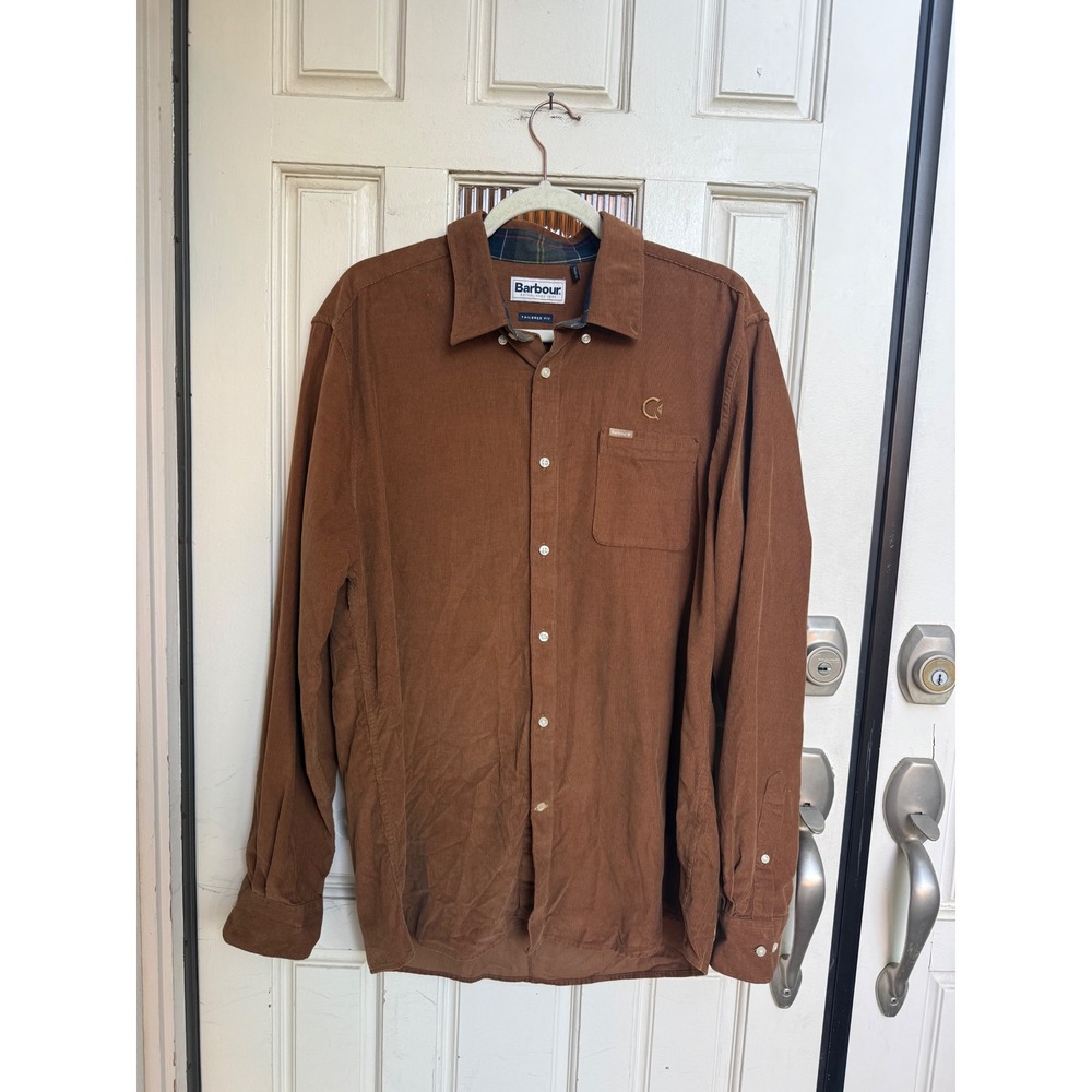 Barbour Mens Tailored Fit Corduroy Button Down Shirt Brown USA Size Large
